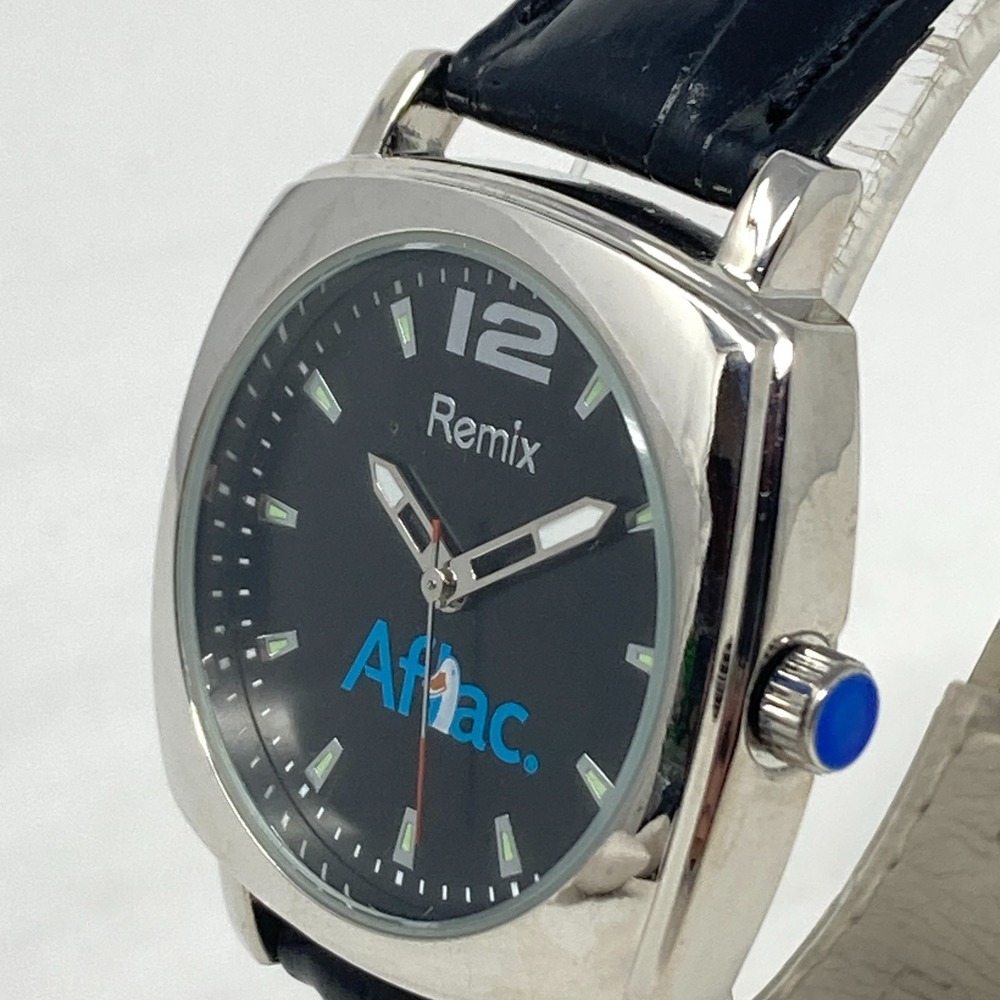 Aflac Duck Watch Men 32mm Silver Tone Black BandLeather Remix New Battery 8"